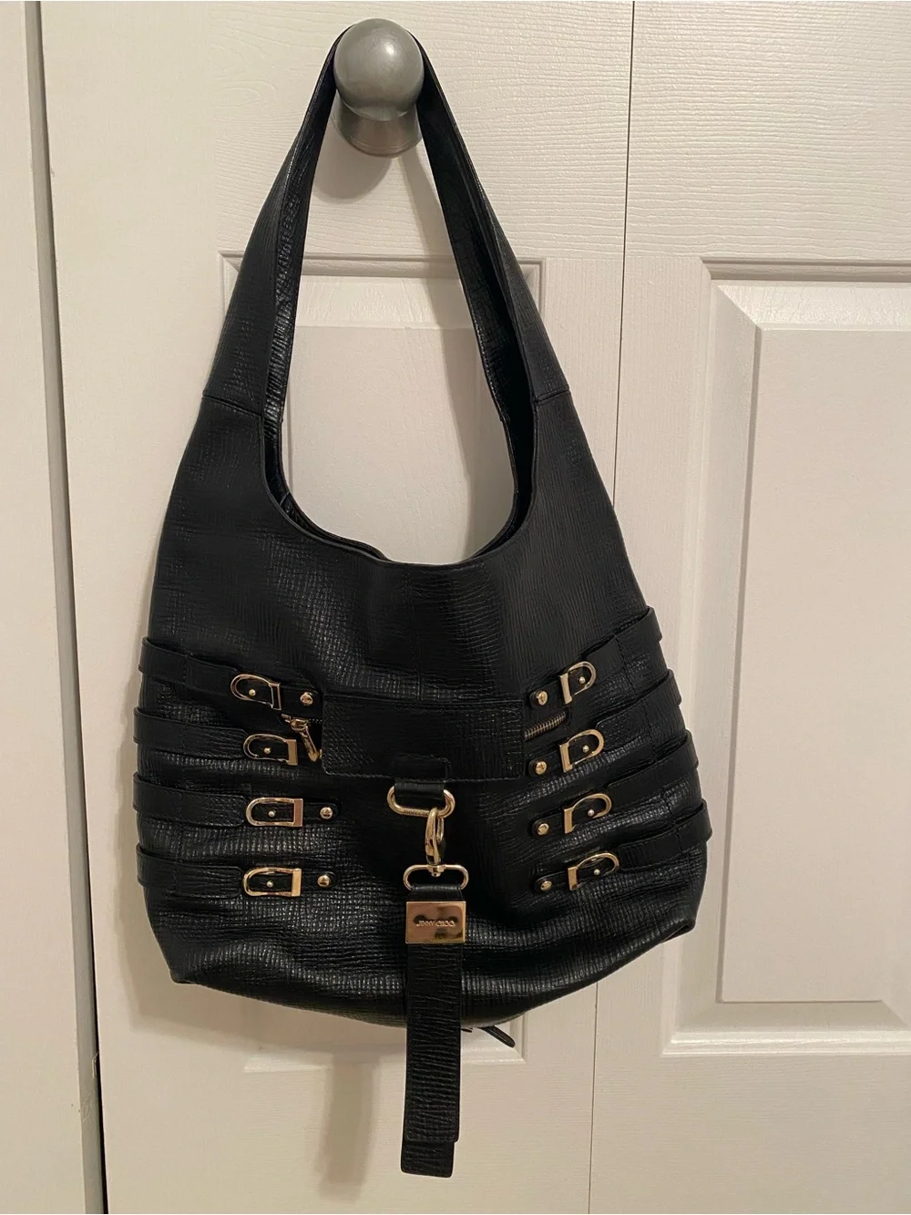 Jimmy Choo Black Shoulder Hobo Bag with Gold Accents
